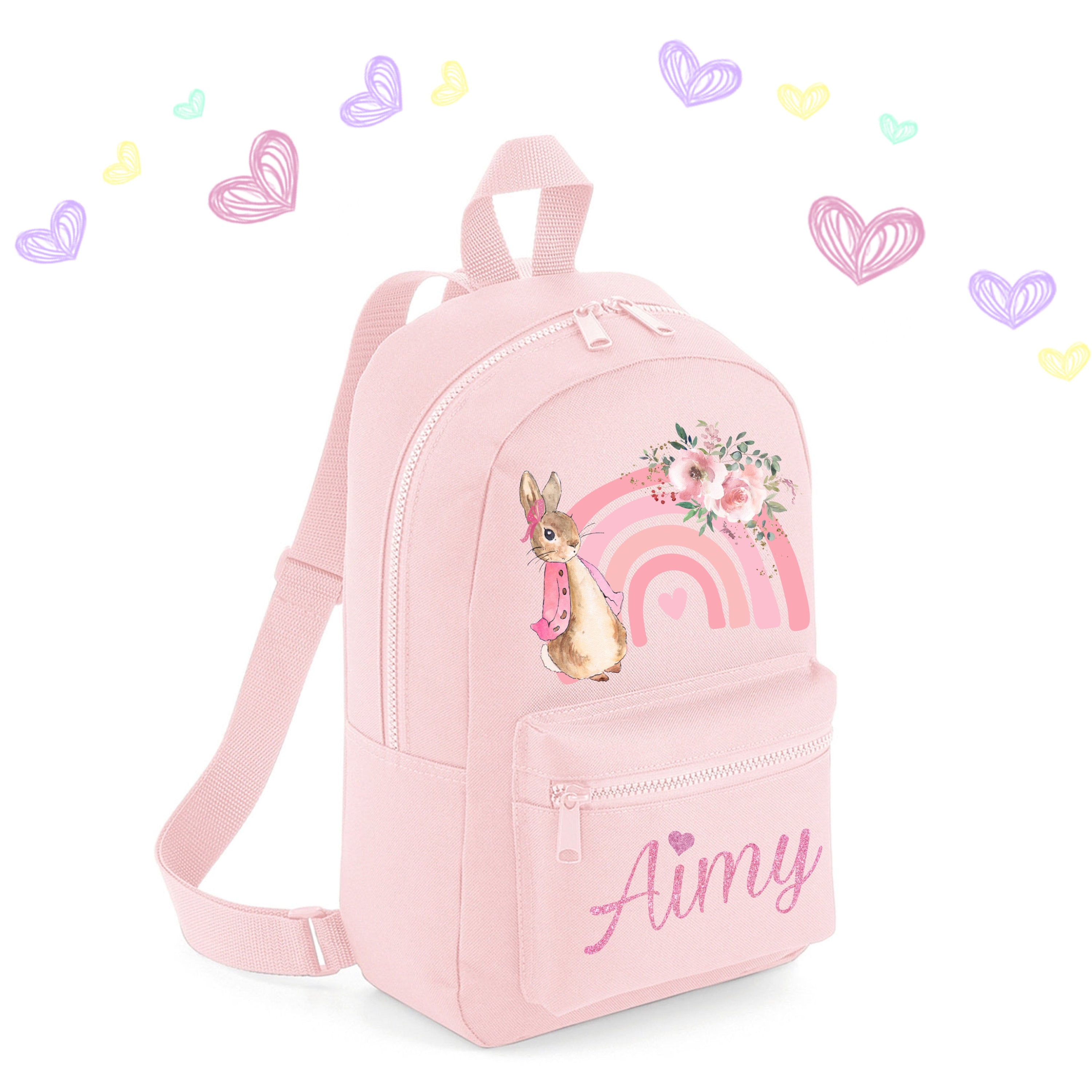 Personalised Pink Rainbow Rabbit Backpack ANY NAME Back To School Bag Kanzgifts4u